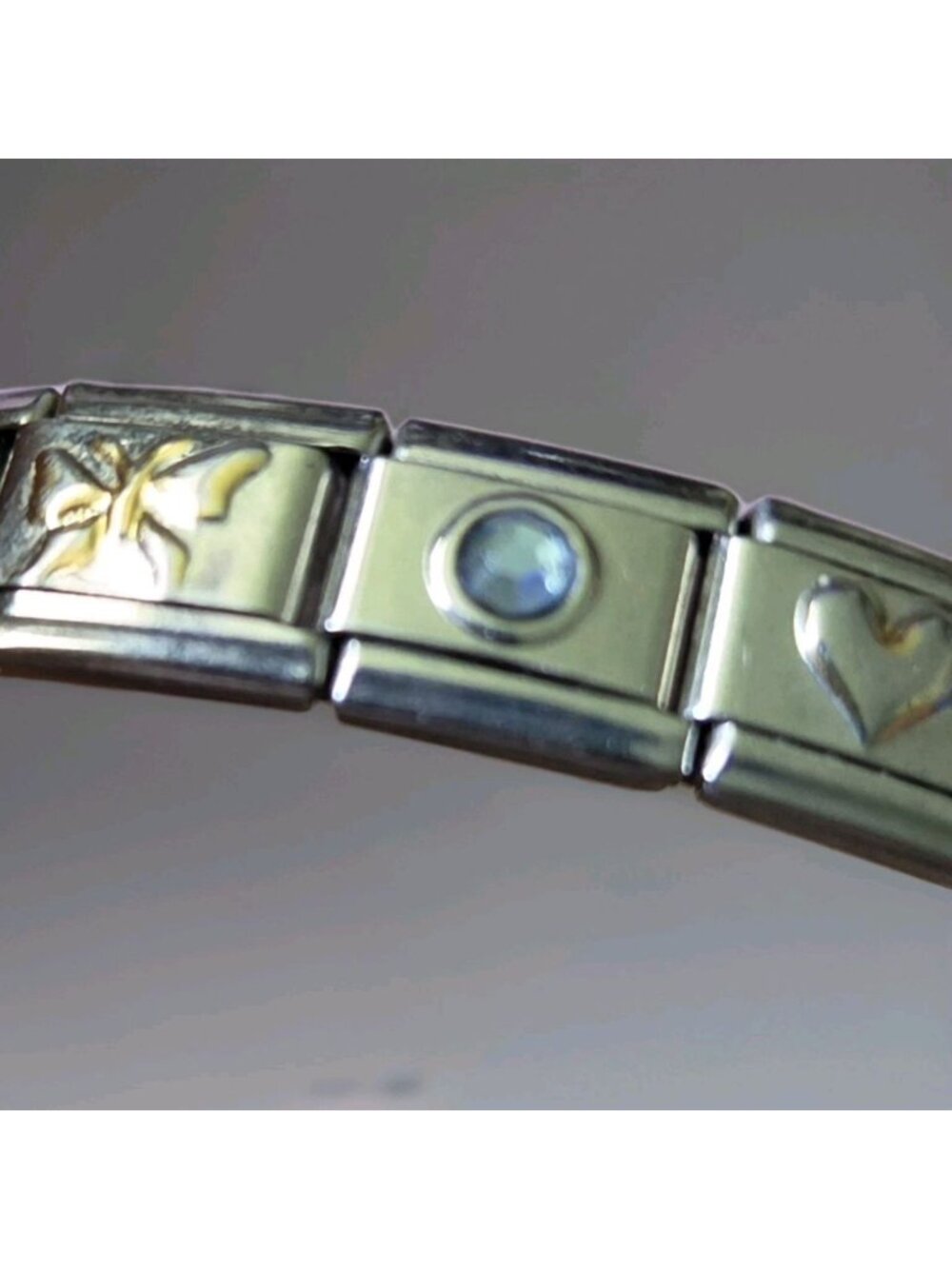 Vintage Stainless Steel Italian Charm Bracelet Rhinestone Heart Butterfly Y2K - Picture 9 of 10